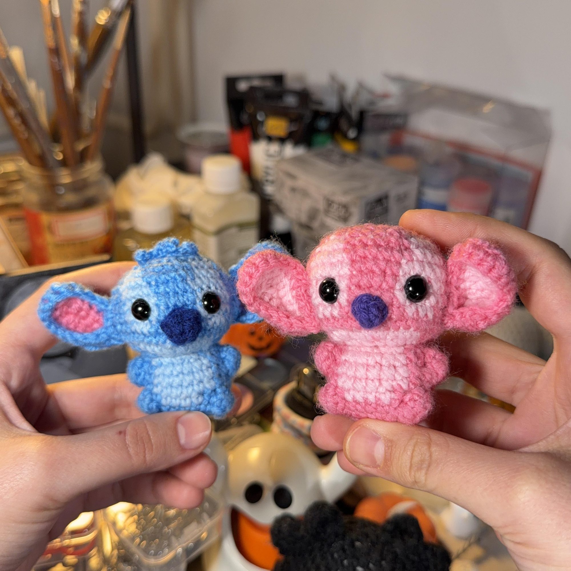 Blue & Pink Alien Couple Crochet Keychain Set