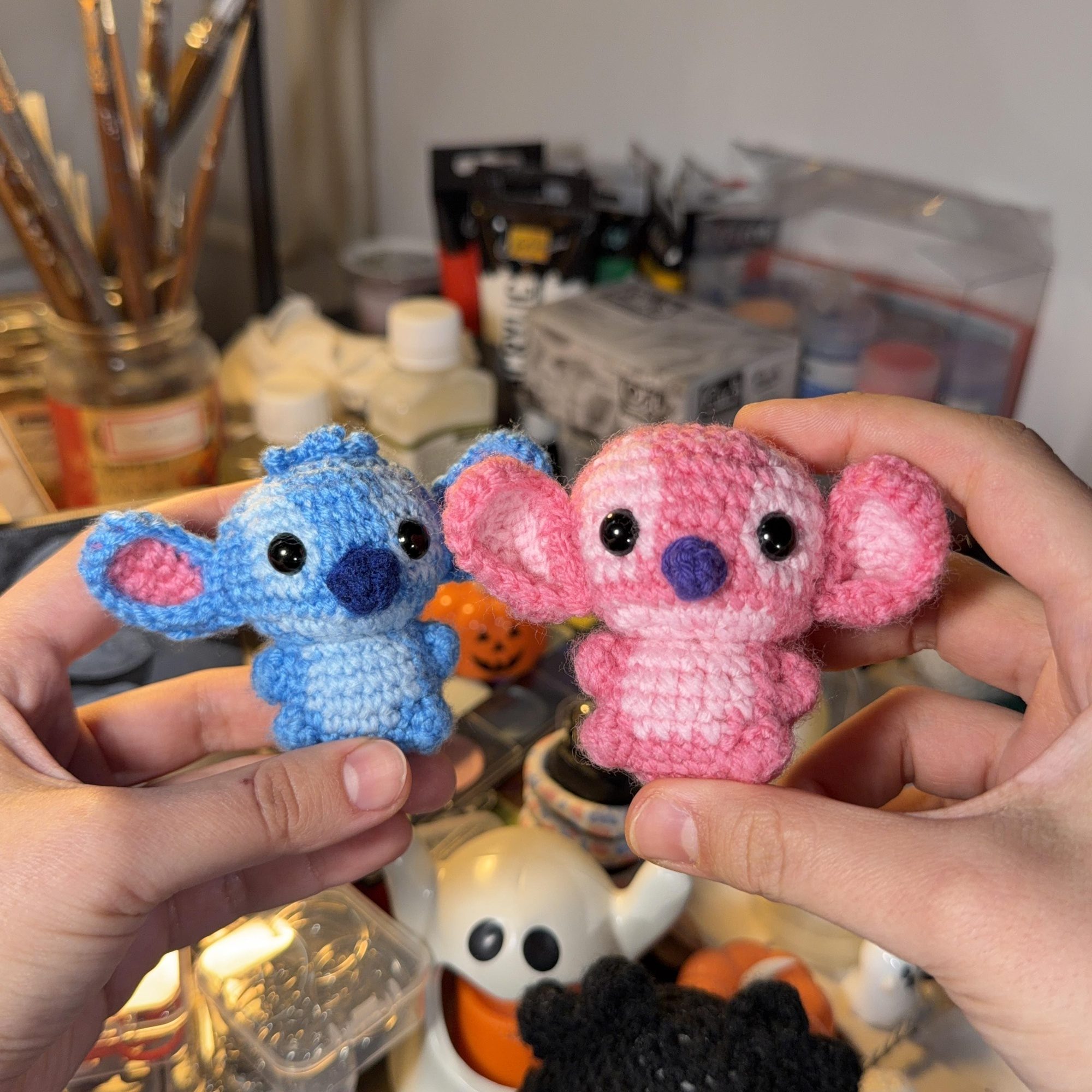 Blue & Pink Alien Couple Crochet Keychain Set - Image 5