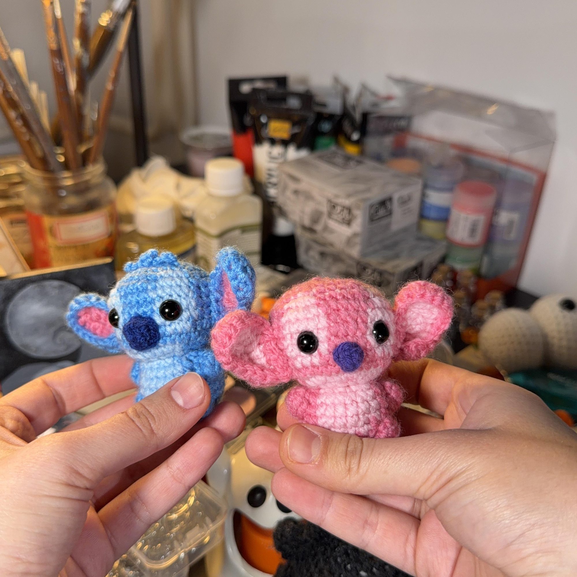 Blue & Pink Alien Couple Crochet Keychain Set - Image 2