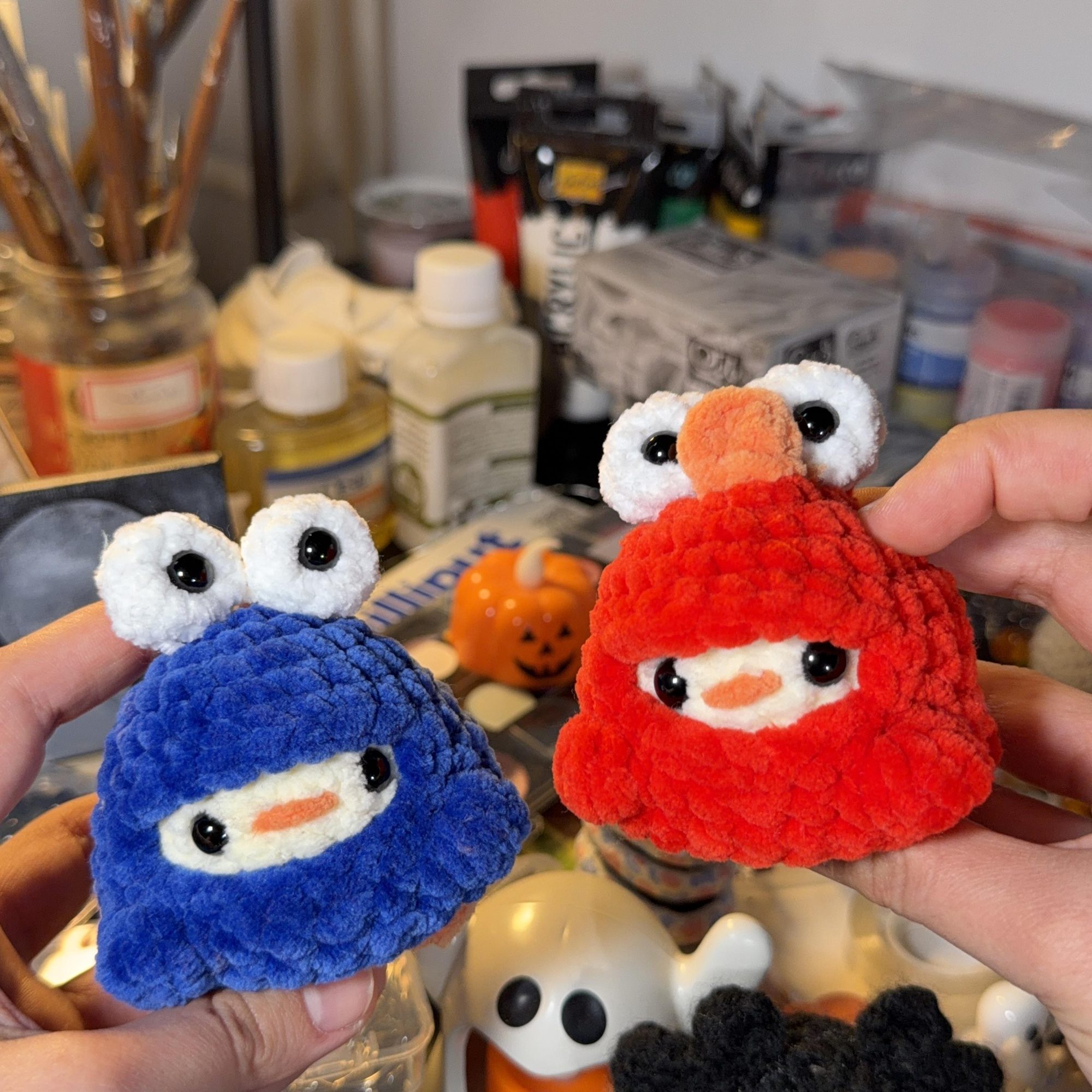 Red Elmo & Blue Cookie Monster Chicken Crochet Plush Duo