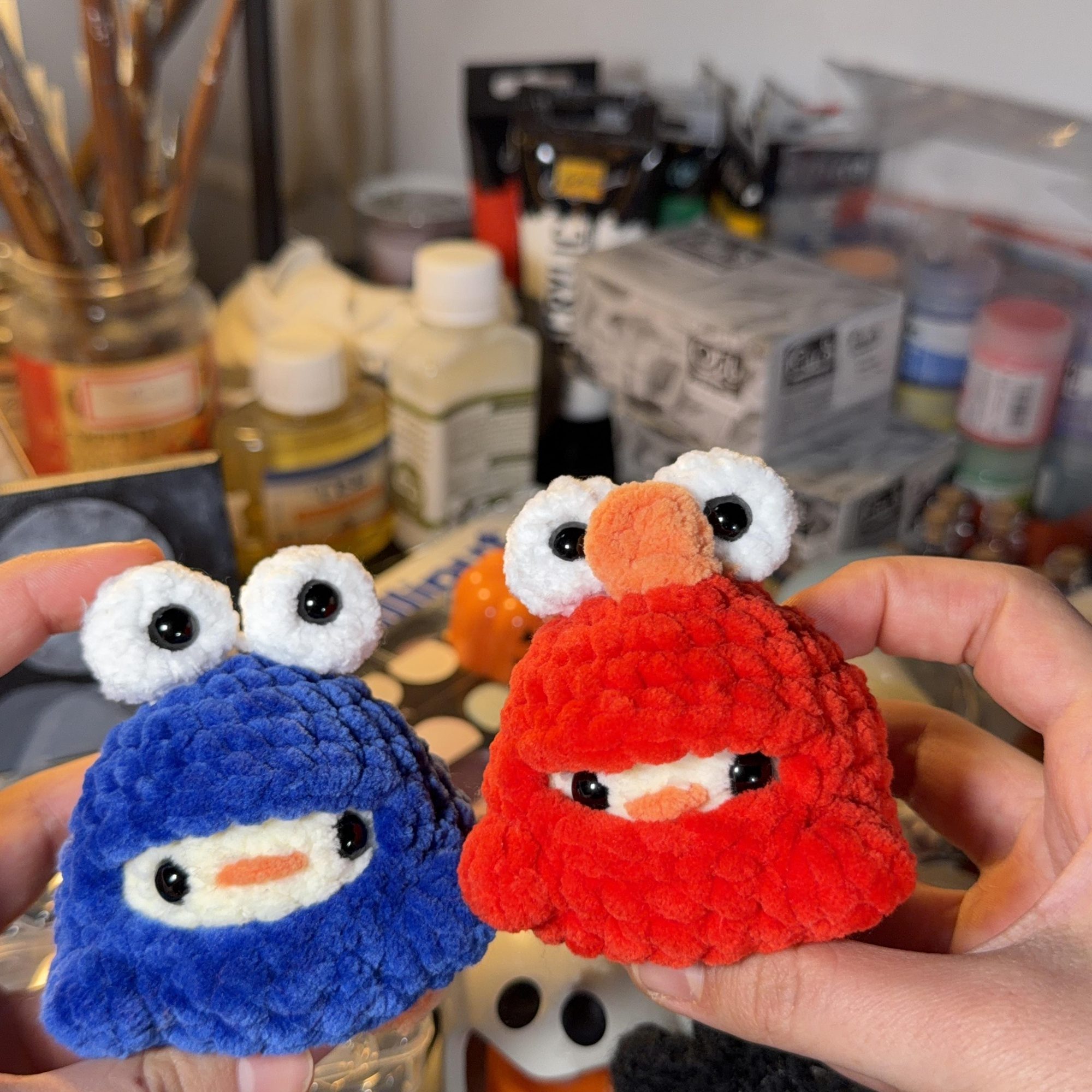 Red Elmo & Blue Cookie Monster Chicken Crochet Plush Duo - Image 2