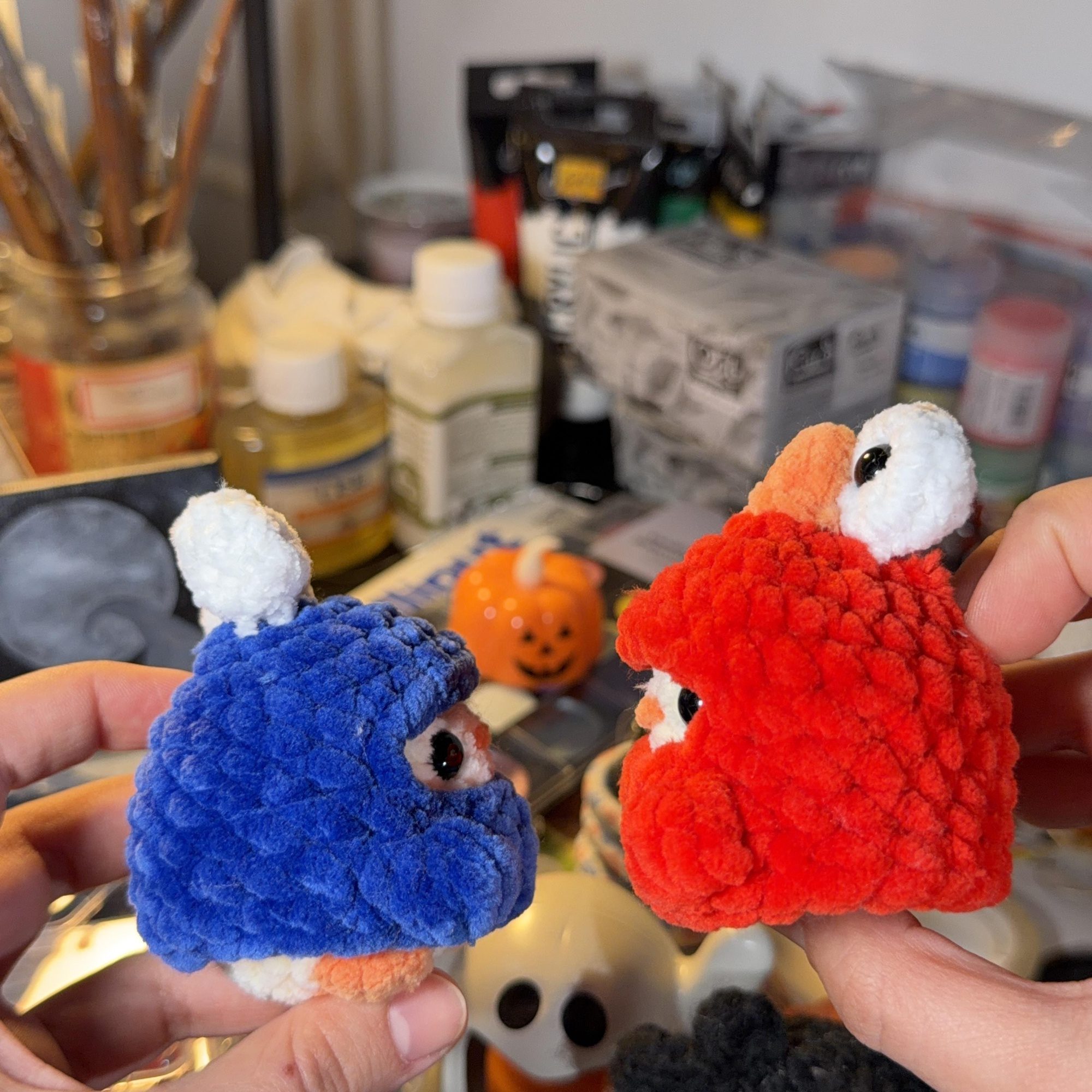 Red Elmo & Blue Cookie Monster Chicken Crochet Plush Duo - Image 3